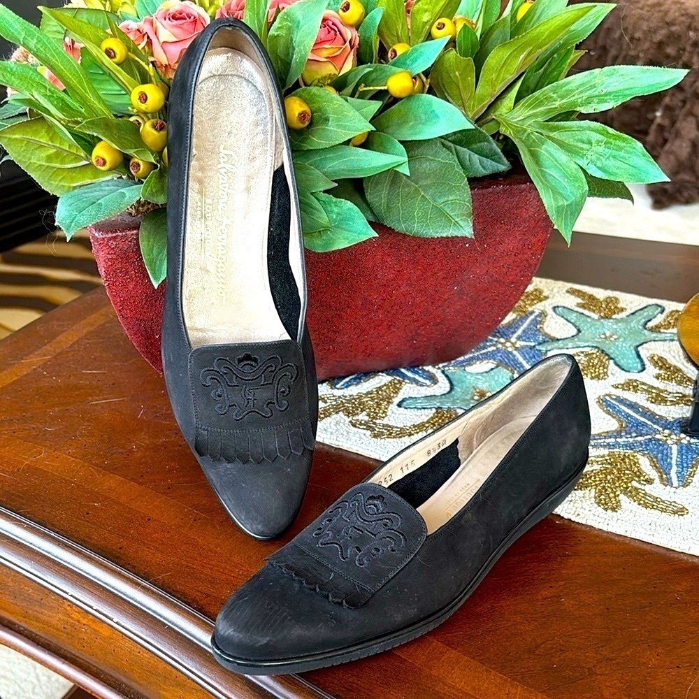 Salvatore Ferragamo Black Suede Leather Loafers Slip On Shoes Embroidered Logo
